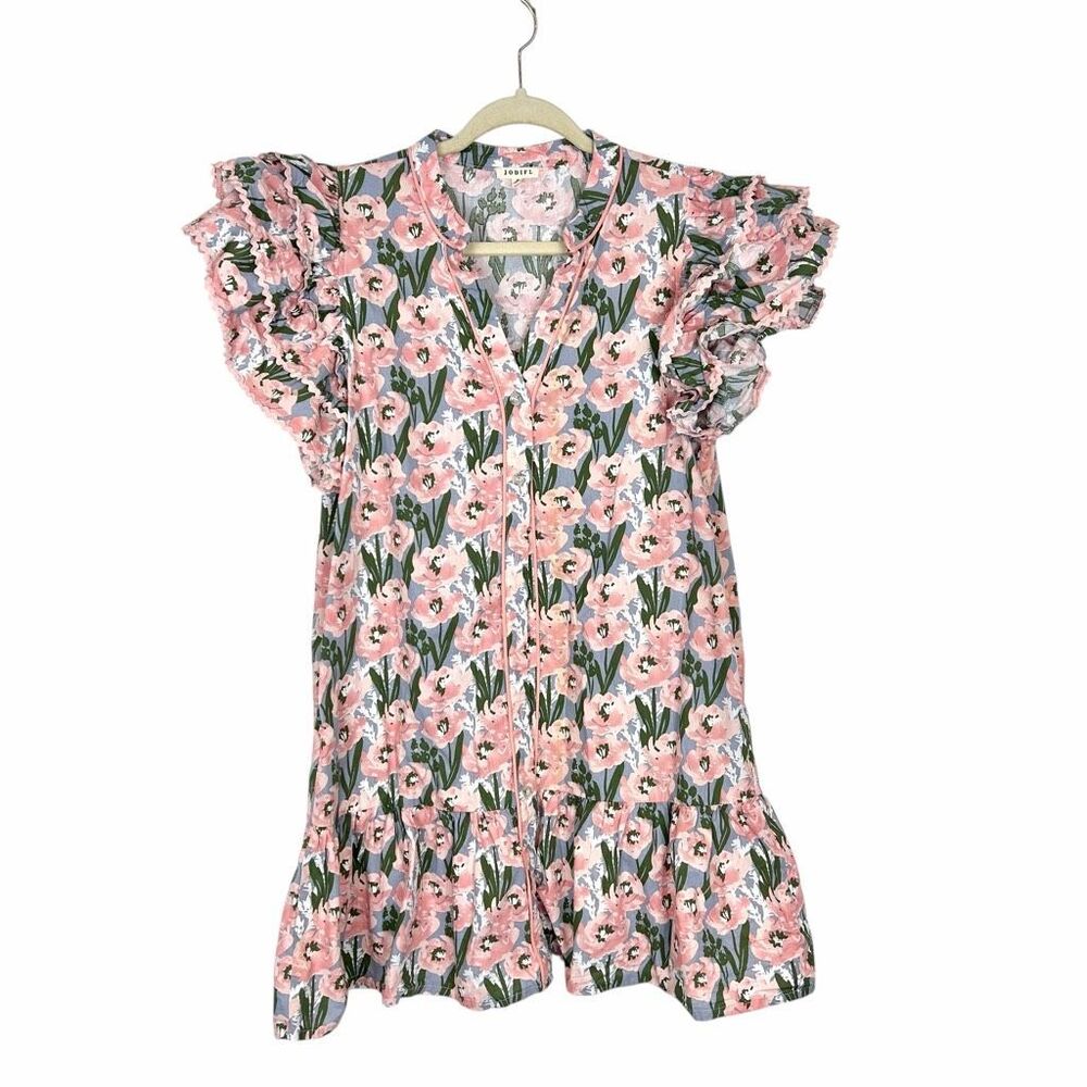 Jodifl Mini Dress Women Medium Pink Green Blue Floral Ric Rac Ruffle Button Down - Picture 2 of 16